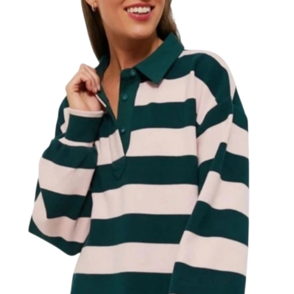 Tuckernuck Green and Pink Striped Cropped Warren Rugby Shirt XL